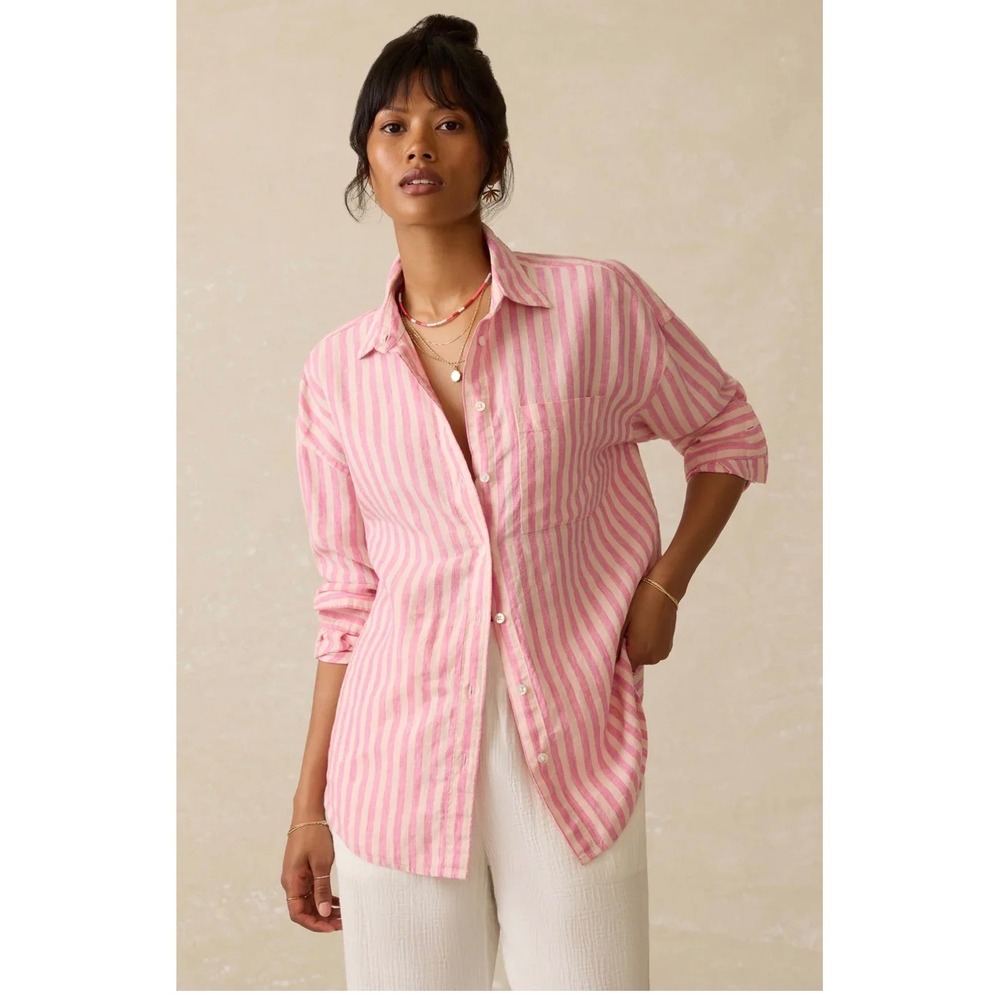 Faherty Laguna 100% Linen Relaxed Button Down Shirt Pink Stripe Coastal Beach